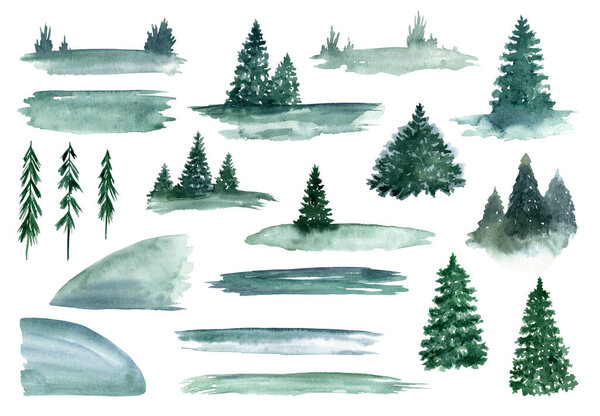 Abstract woodland watercolor set. Hand painted fir trees silhouette, watercolor splash and smear textures isolated on white background. Winter forest elements in monochrome blue emerald colors.