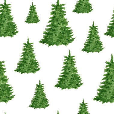 Suluboya ladin ormanının dikişsiz deseni. Beyaz arka planda izole edilmiş köknar ağaçları. Woodland Noel, kış kartları, tekstil ve ambalaj kağıtları için tekrarlanan tasarım