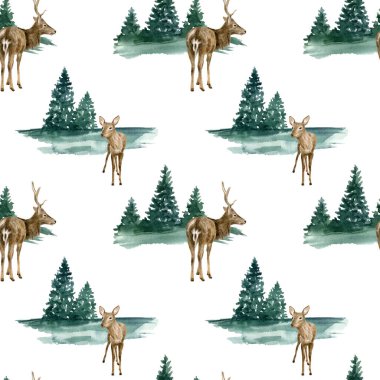 Geyik ve manzaralı suluboya Noel deseni. Elle boyanmış gerçekçi geyik, beyaz arka planda köknar ağaçları olan geyik yavrusu. Kumaş, duvar kâğıdı, baskı için Woodland illüstrasyonu.