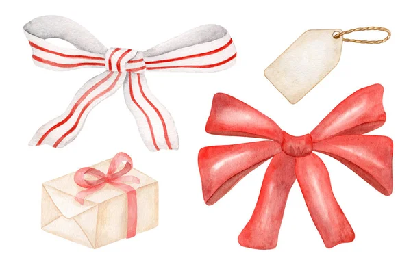 水彩ギフトボックスセット。白い点線に包まれた手描きの箱と白い背景に隔離された赤いリボン弓を持つクラフト紙。パーティー、クリスマス、誕生日、バレンタインのためのかわいいプレゼントの図面. — ストック写真