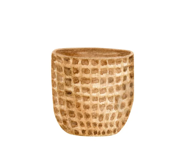 Εικονογράφηση ψάθινο καλάθι ακουαρέλα. Χειροποίητο καφέ υφαντό δοχείο για διακόσμηση σπιτιού που απομονώνεται σε λευκό φόντο. Οικολογικός σχεδιασμός φυσικών υλικών. Boho και ρουστίκ ξύλινο κουτί. — Φωτογραφία Αρχείου