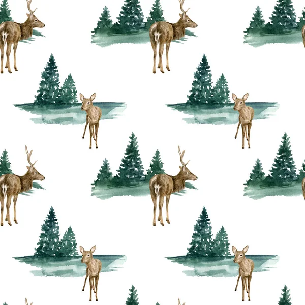 Warna air Pola Natal mulus dengan rusa dan lanskap. Tangan dicat rusa realistis, rusa bertelur dengan pohon cemara terisolasi pada latar belakang putih. Ilustrasi Woodland untuk kain, kertas dinding, cetak. — Stok Foto