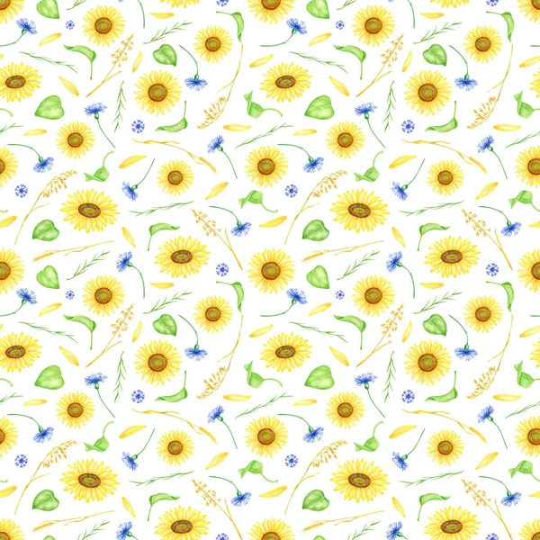 Watercolor flowers seamless pattern. Hand painted sunflowers, cornflowers, leaves, petals and wheat spikelets illustration. Floral repeated background isolated on white for wrapping, fabrics. — Stock Photo, Image
