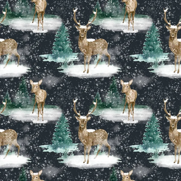 Watercolor winter seamless pattern with deer, snowfall and forest landscape. Hand drawn buck, fawn deer and fir trees with snow on dark blue background. Woodland illustration for fabric, wallpaper. — 图库照片