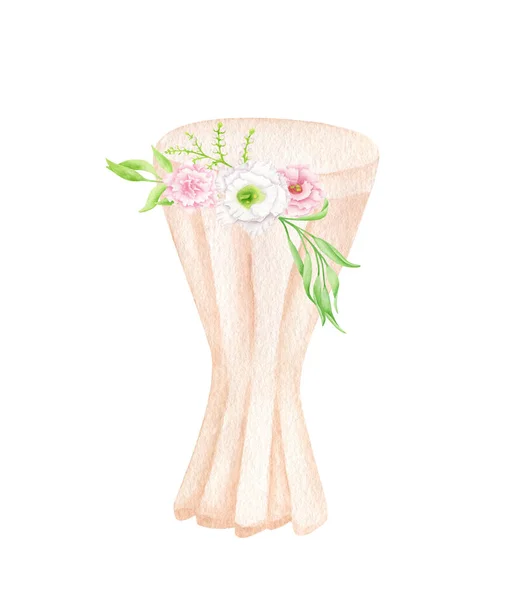 Akvarel svatební koktejlový stůl zdobený květinovým aranžmá izolované na bílém. Ručně kreslený stolek, pastelově růžový závěs, elegantní květinová výzdoba. Náčrt svatební recepce. — Stock fotografie