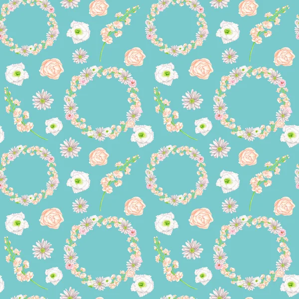 Watercolor Floral Seamless Pattern Bright Turquoise Blue Background Hand Drawn — 图库照片