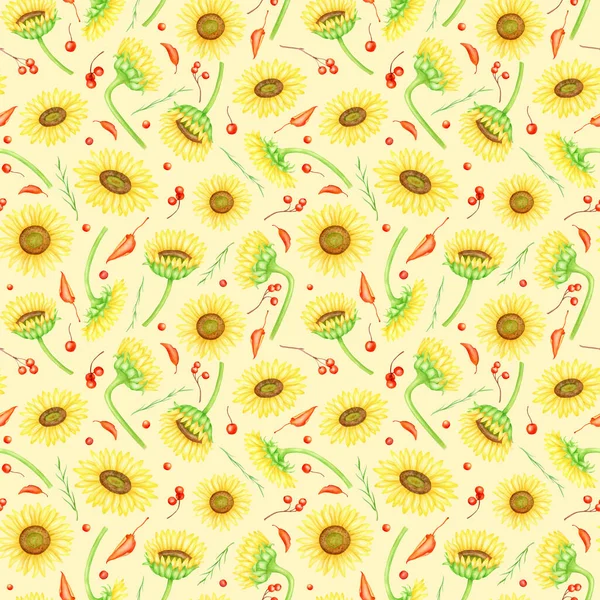 Fall Sunflowers Seamless Pattern Hand Painted Watercolor Farm Flowers Red — Stock Photo, Image