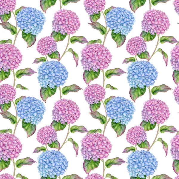 Акварель Цветочный Бесшовный Узор Ручная Роспись Розовый Синий Hydrangea Цветы — стоковое фото