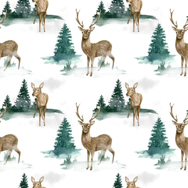 Watercolor Christmas Seamless Pattern Deer Winter Landscape Hand Drawn Buck — Stock Photo, Image