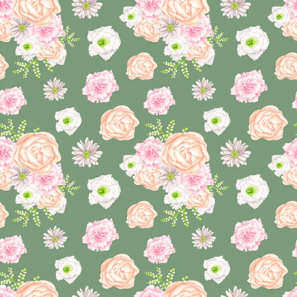 Watercolor Floral Seamless Pattern Elegant Pink Blush Peach Flowers Green — Foto Stock