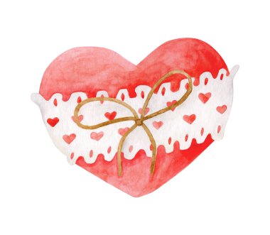 Suluboya kalp çizimi. Beyaz arka planda izole edilmiş beyaz dantelli el boyası kırmızı kalp şekli ve ip süslemesi. Sevgililer günü için romantik imaj, düğün, tebrik kartı, tasarım