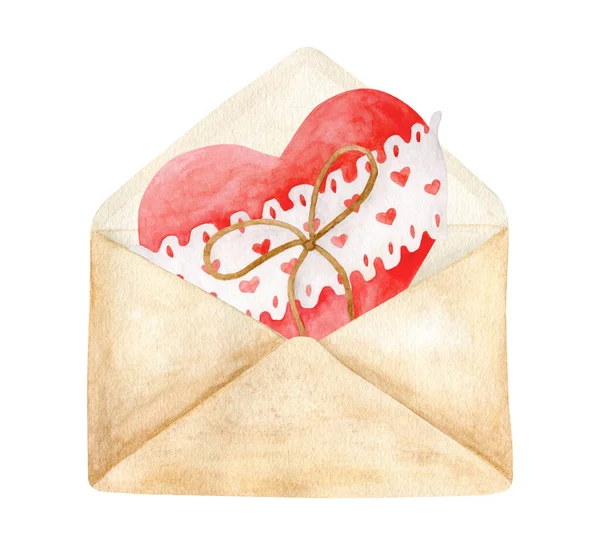 Watercolor opened envelope with heart image isolated on white background. Hand painted Valentines day illustration. Vintage love mail letter decoration, romantic clipart for cards, invitations. — Stok fotoğraf