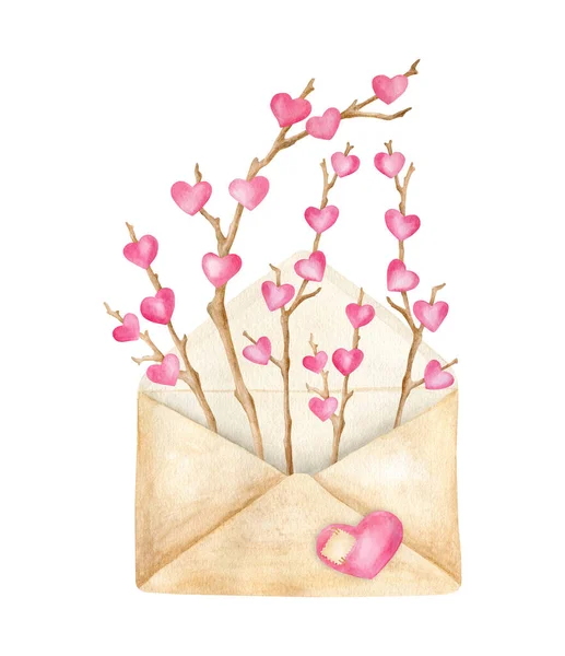 Watercolor cute Valentines day illustration. Hand drawn envelope with wood branches with hearts isolated on white background. Love mail letter decoration, romantic clipart for cards, invitations. — Foto Stock