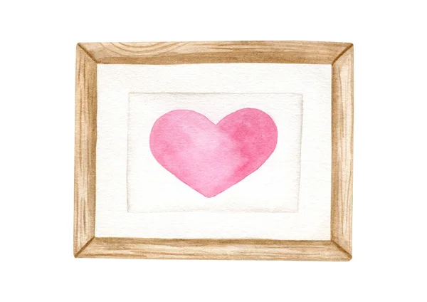 Watercolor Valentines day illustration. Hand painted heart poster in wood frame with mat border isolated on white background. Romantic sketch for cards, invitations. Cute home decor. — Stok fotoğraf