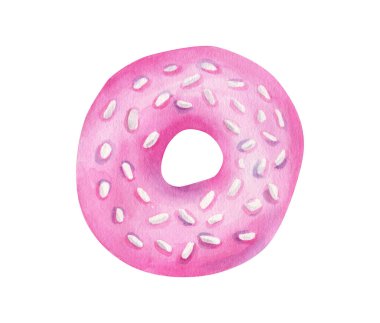 Watercolor pink donut illustration. Hand painted cute doughnut with glaze and sprinkles isolated on white background. Tasty dessert sketch for cards, design. Glazed bakery top view.