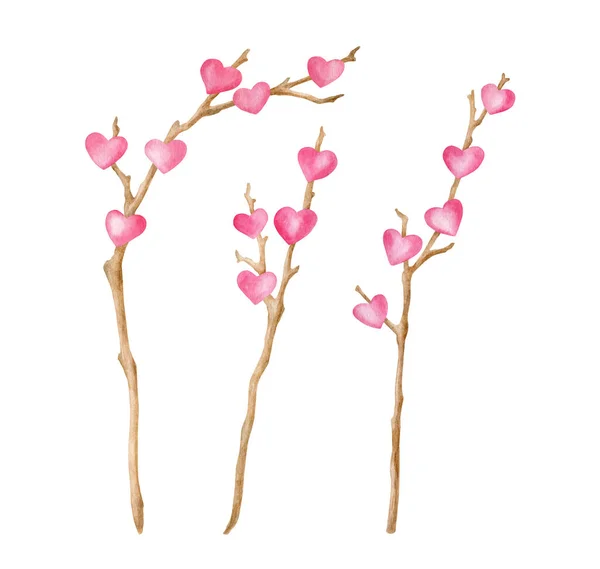 Watercolor Valentines day decor illustration. Hand painted wood branches with pink hearts isolated on white background. Natural romantic decoration sketch. — Stock Photo, Image