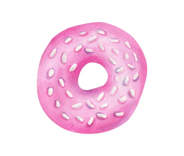 Watercolor pink donut illustration. Hand painted cute doughnut with glaze and sprinkles isolated on white background. Tasty dessert sketch for cards, design. Glazed bakery top view. — Foto de Stock