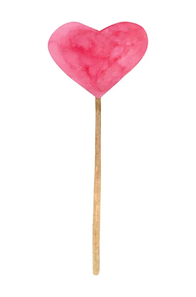 수채화 심장에는 나무 막대기 그림이 그려져 있다. 손으로 핑크 하트를 그린 것은 흰 배경에 고립된 사탕처럼 보였다. 발렌틴의 날을 위한 로맨틱 한 롤리팝 이미지, 결혼식, 스크랩북, 인사 카드, 디자인. — 스톡 사진