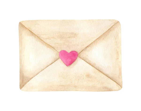 Watercolor envelope with heart seal isolated on white background. Hand painted craft paper love mail letter illustration. Vintage postal clipart, romantic design element. — Stok fotoğraf