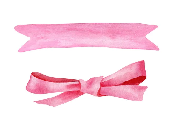 Watercolor pink ribbon and bow set. Hand drawn cute bright bowknot and banner illustration isolated on white background. Festive decoration for Christmas, Valentines day, birthday. — Stok fotoğraf