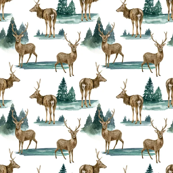 Watercolor woodland seamless pattern with deer and landscape. Hand painted realistic buck deer with antlers and fir forest trees isolated on white background. Drawing for fabric, wallpaper, print.