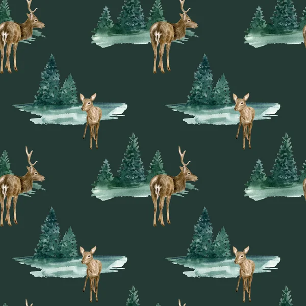 크리스마스 물갈퀴없는 핸드는 배경에 전나무가 사슴인 현실적 그렸다 우드랜드 — 스톡 사진