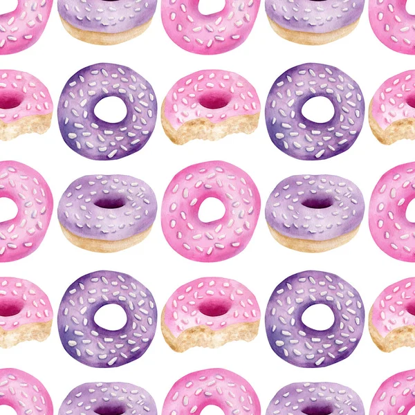 Suluboya donutlar kusursuz desen. El boyası pembe ve mor çörekler, beyaza izole edilmiş jöle ve arkaplan serpiştirilmiş. Duvar kağıdı, baskı ve doğum günü kartı için lezzetli bir tatlı tasarımı.,