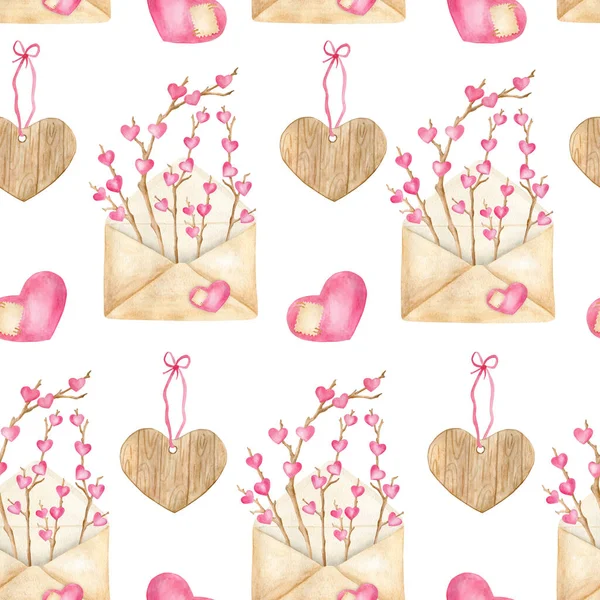 Akwarela Cute Miłość Bezszwowy Wzór Ręcznie Rysowane Walentynki Tło Koperty — Zdjęcie stockowe