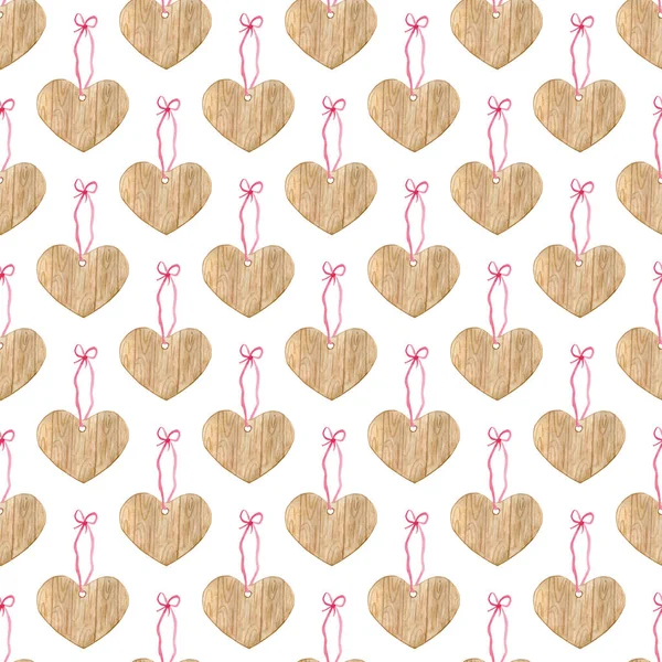 水彩木心无缝图案.爱情背景。手绘心形,木制纹理挂在粉红色缎带上,白色孤立.情人节的浪漫重复设计，面料. — 图库照片