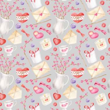 Suluboya Sevgililer Günü kusursuz desen. El çizimi romantik bir arka plan. Kalpler, zarflar, ağaç dalları, gümüş rengi kurdele yayı. 14 Şubat için tekrarlanan tasarım, düğün.