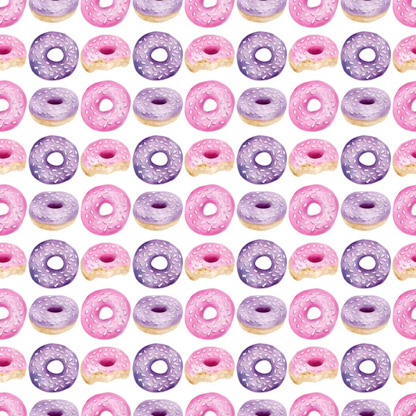 Aquarell Donuts nahtlose Muster. Hand bemalt rosa und lila Donut mit Glasur und Streusel Hintergrund isoliert auf weiß. Leckeres Dessertdesign für Tapeten, Drucke, Stoffe. — Stockfoto