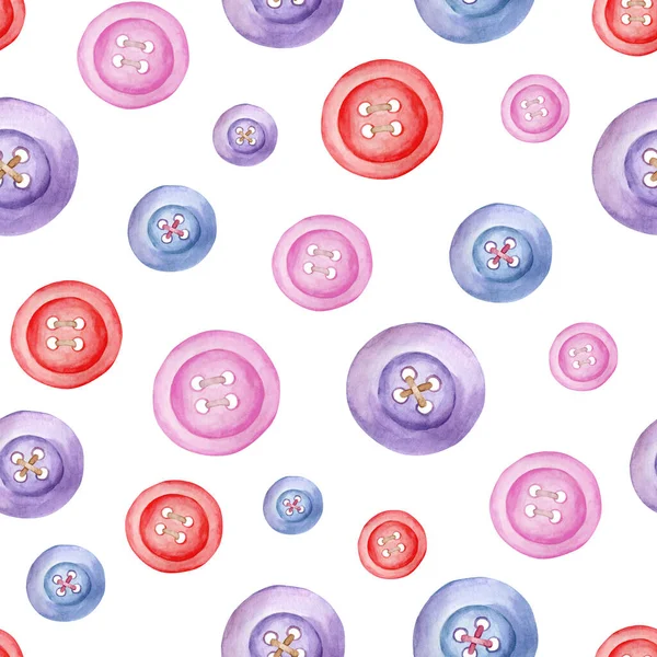 Watercolor sewing buttons seamless pattern. Hobby stitching background isolated on white. Hand drawn cute crafting items used for needlework, scrapbook. Repeated design for fabrics, print, wrapping. — Stock Photo, Image
