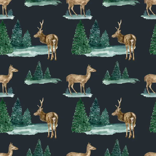 水彩画的圣诞图案与鹿和风景无缝搭配.手绘现实的雄鹿，小鹿与冷杉树深蓝色背景。织物,壁纸,印刷品用林地图解. — 图库照片