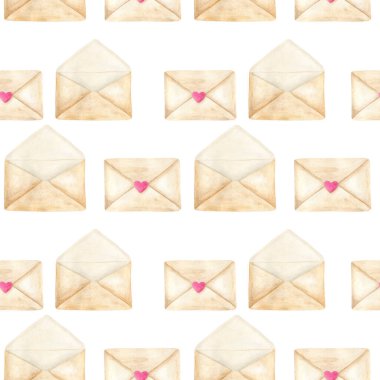 Suluboya zarfları kusursuz desenler oluşturur. El işi kağıt harfleri. Klasik posta illüstrasyonu beyaza izole edilmiş. Aşk mektupları, kumaşlar için romantik tasarım, baskı, kartlar, duvar kağıtları.