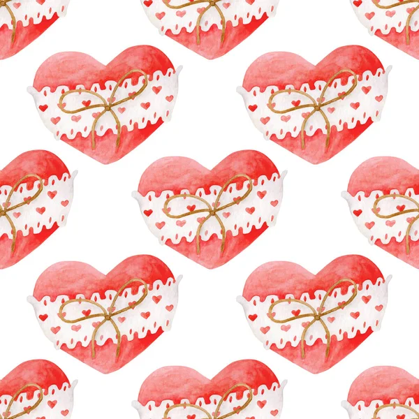 Aquarelle coeur motif sans couture. Coeur rouge peint à la main avec dentelle blanche et fond de décoration de corde isolé sur blanc. Image romantique pour la Saint Valentin illustration répétée design. — Photo