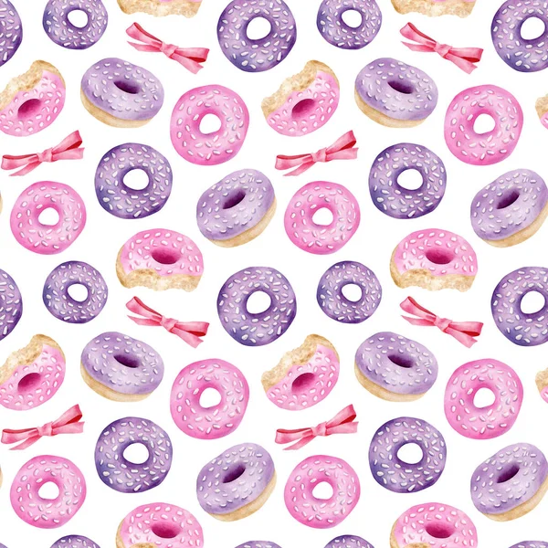 Donuts acuarela y lazos de cinta patrón sin costuras. Rosado pintado a mano y donut púrpura con esmalte y espolvorea fondo aislado en blanco. Sabroso diseño de postre para papel pintado, impresión, telas. — Foto de Stock
