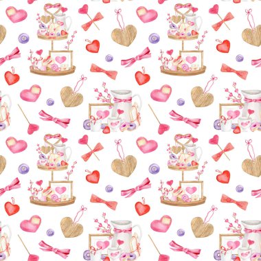 Suluboya Sevgililer Günü kusursuz desen. El çizimi harika bir dekor. Ahşap katlı tepsi ve beyaza izole edilmiş kalp çizimi. Kartlar, baskı ve tekstil için romantik tasarım.