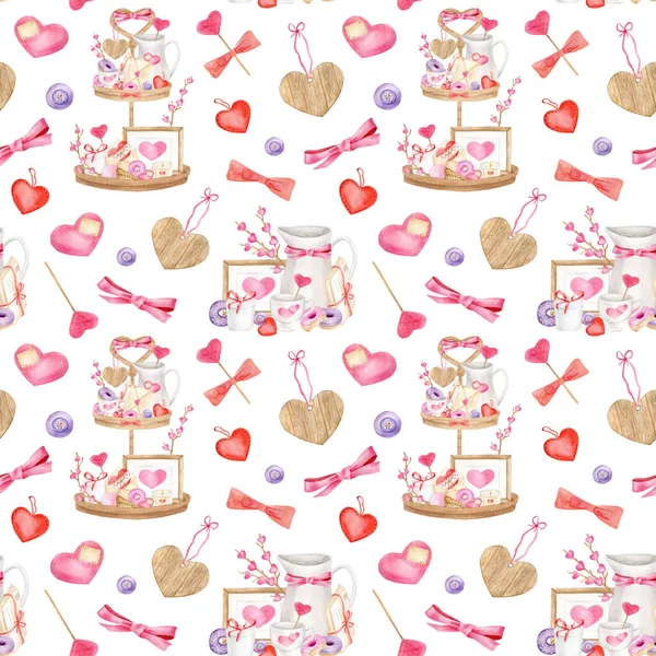 Suluboya Sevgililer Günü kusursuz desen. El çizimi harika bir dekor. Ahşap katlı tepsi ve beyaza izole edilmiş kalp çizimi. Kartlar, baskı ve tekstil için romantik tasarım.