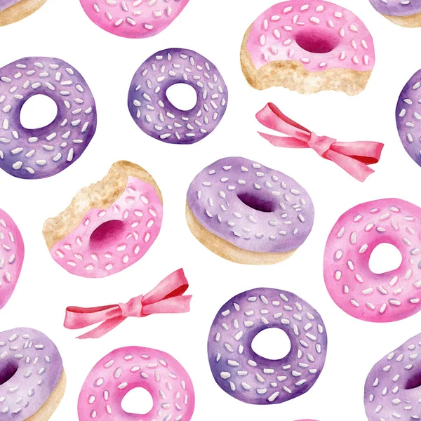 Donuts acuarela y lazos de cinta patrón sin costuras. Rosado pintado a mano y donut púrpura con esmalte y espolvorea fondo aislado en blanco. Sabroso diseño de postre para papel pintado, impresión, telas. — Foto de Stock