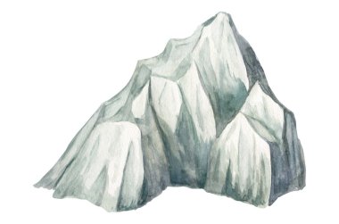 Suluboya karlı dağ çizimi. Beyaz arka planda el yapımı yüksek gri zirve. Sisli bir manzara. Yürüyüş, seyahat, baskı, davetiyeler, kartlar, dekorasyon için doğa tasarımı