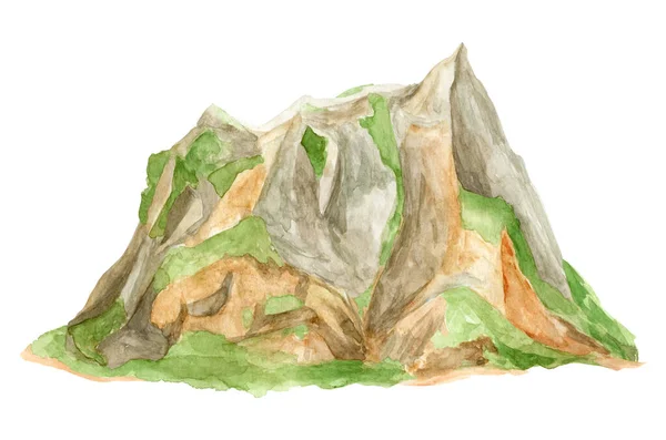 Aquarell Berg Illustration Handbemalter Hoher Grüner Gipfel Isoliert Auf Weißem — Stockfoto