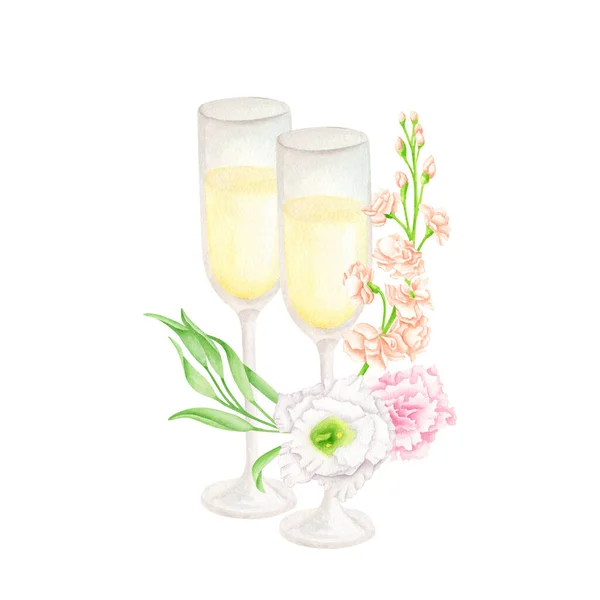Watercolor pair of champagne glasses with flowers. Hand painted wedding drinks with floral decoration isolated on white background. Signature cocktails illustration for invitations, menu, cards