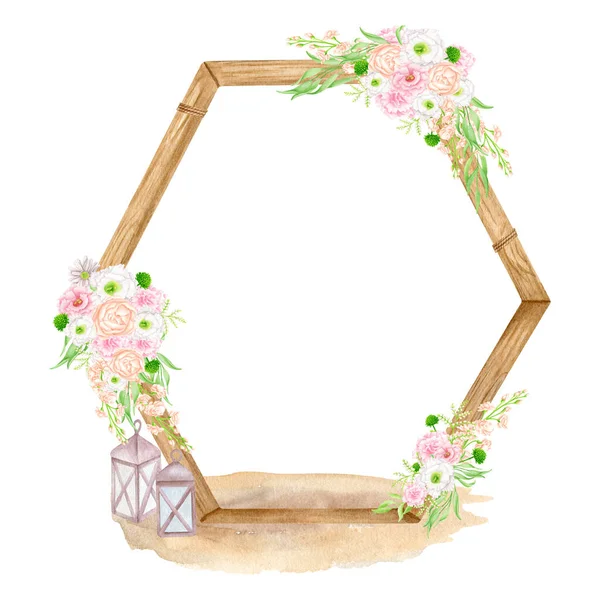 Aquarell Hochzeitsbogen Handgezeichneter Holzsechseck Torbogen Mit Blumen Auf Weißem Hintergrund — Stockfoto