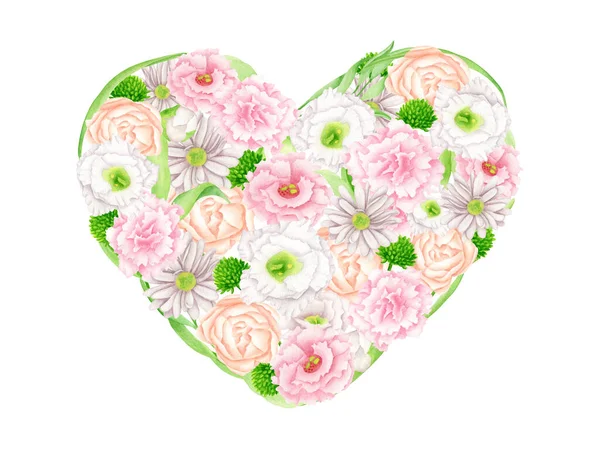 Watercolor Floral Heart Illustration Hand Painted Flower Arrangement Isolated White — Stock Photo, Image