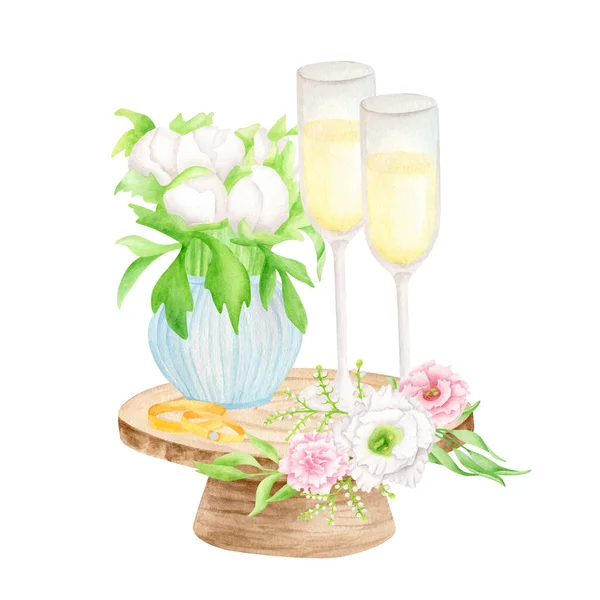 Illustration Boissons Mariage Aquarelle Verres Champagne Peints Main Alliances Fleurs — Photo