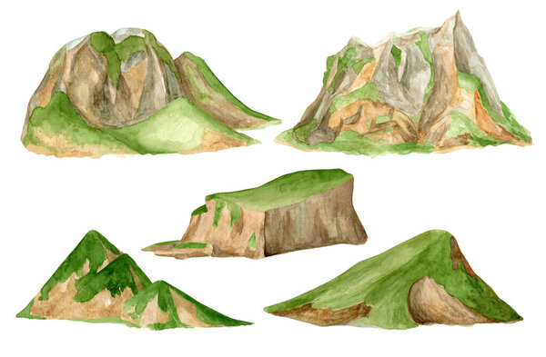 Watercolor mountains clipart set. Hand painted high green peak isolated on white background. Summer hills landscape. Nature illustration for hiking, travel, printing, wall art, cards, decor