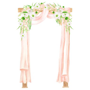 Suluboya düğün kemeri çizimi. Elle çizilmiş ahşap kemer yolu, pembe perdeler ve beyaz arka planda izole edilmiş çiçekler. Boho düğün dekorasyonu, davetiye için kırsal dekor, tarihi kaydet