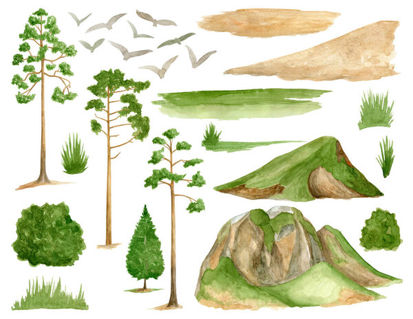Watercolor mountains landscape set. Hand painted high green peak, pine tree, bird silhouette, grass texture isolated on white background. Summer nature illustration. Hiking, travel design