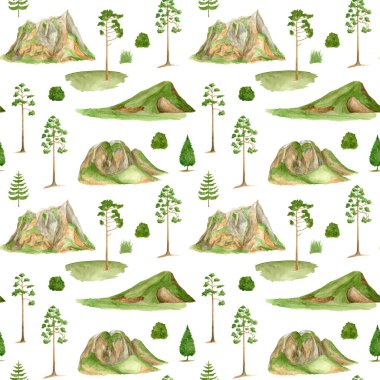 Suluboya dağ manzarası pürüzsüz desen. El çizimi yüksek yeşil dağlar, beyaza ayrılmış çam ağaçları. Yaz ormanı geçmişi. Woodland doğa illüstrasyonu. Seyahat, kamp tasarımı