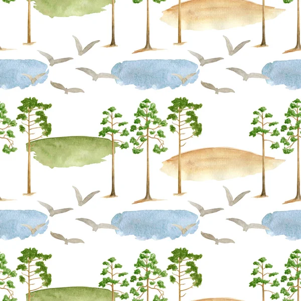 Watercolor Landscape Seamless Pattern Hand Drawn Pine Trees Lake Birds — Stock Photo, Image